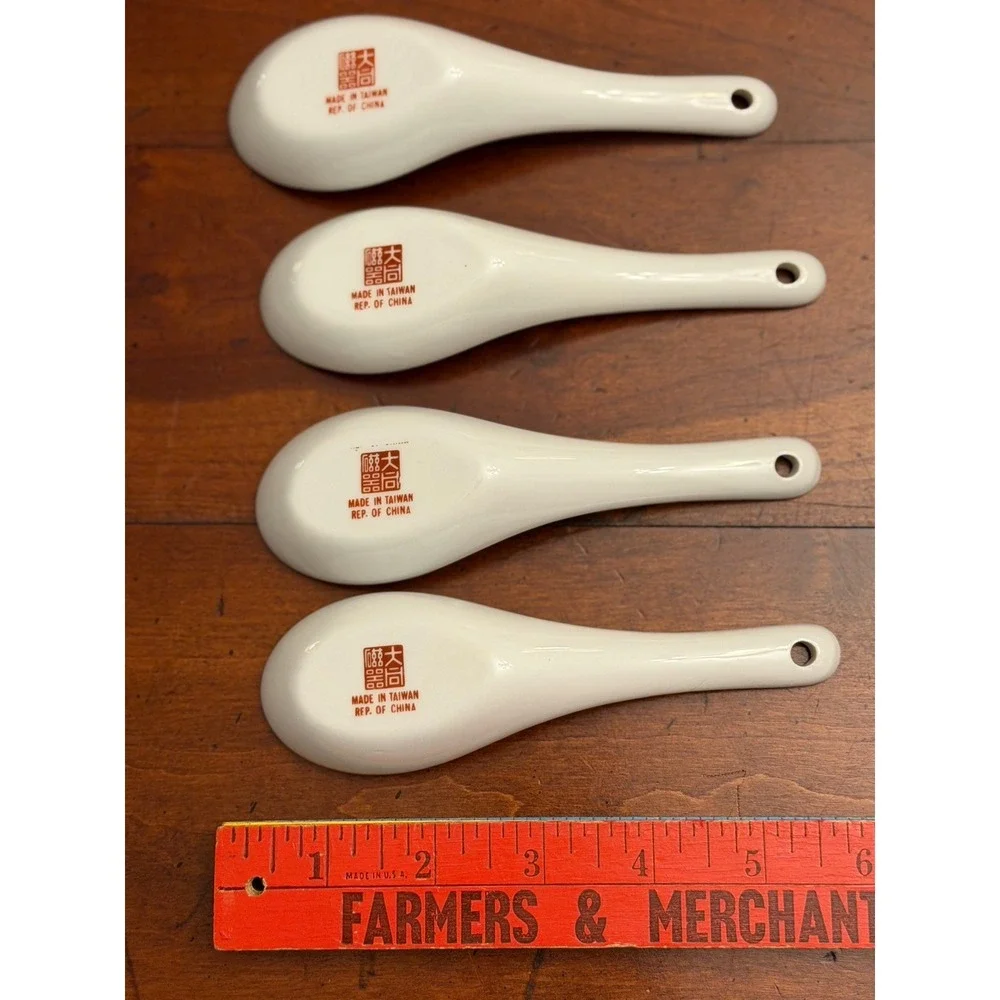 Set Of 4 Vintage Tatung Chinese Porcelain Soup Spoon w/h Pink Flower & Gold Rim